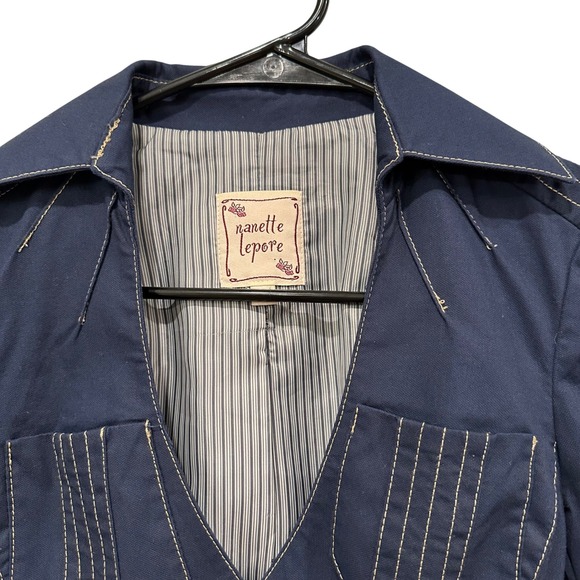 Nanette Lepore Navy Blue Contrast Stitch Peplum Blazer Jacket Size 0 Steampunk‎ - Picture 3 of 6